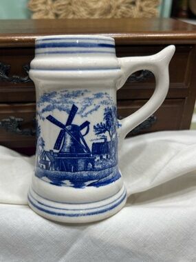 VINTAGE SMALL STEIN, BLUE AND WHITE, DELFT, PORCELAIN WINDMILL